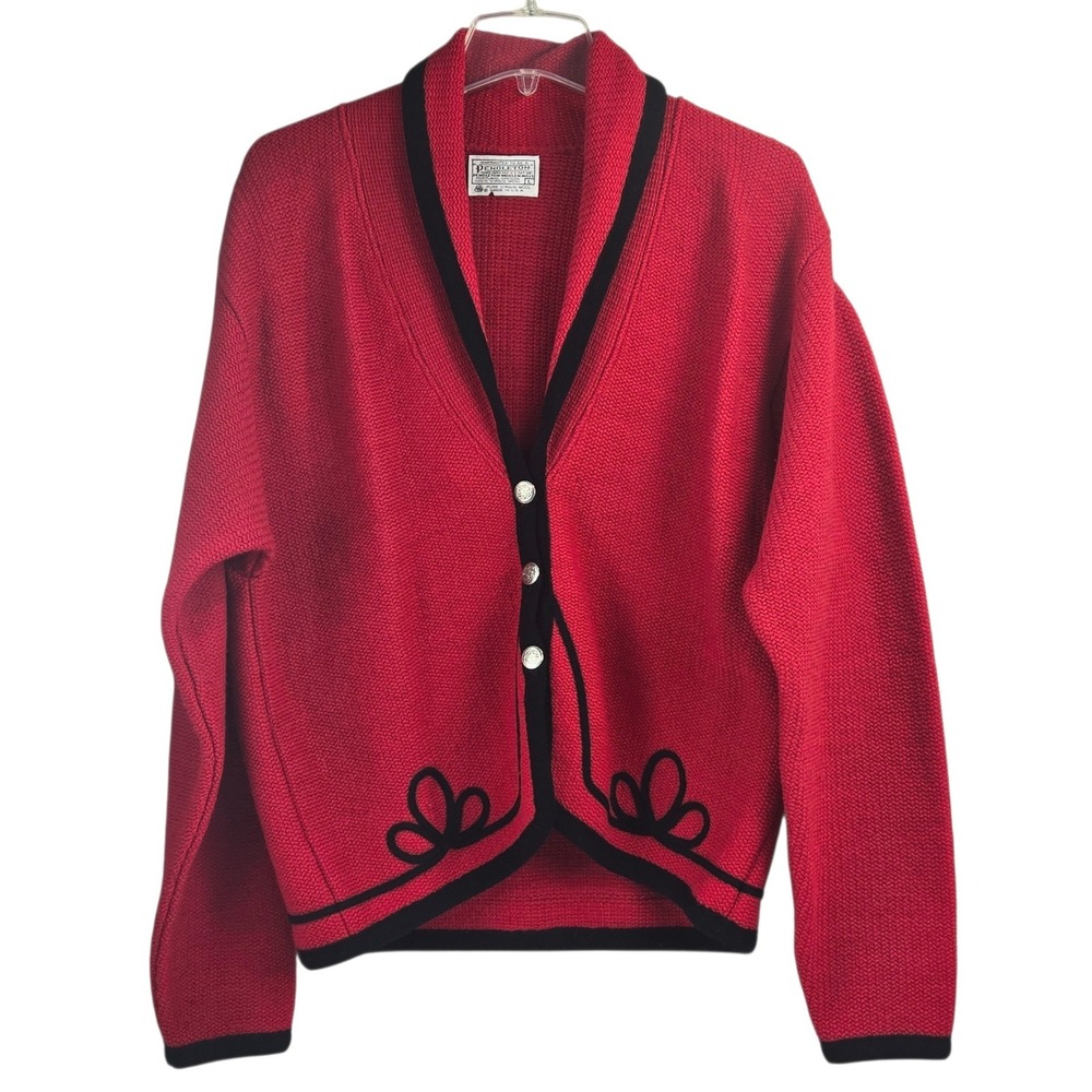Vtg Pendleton Virgin Wool Cardigan Shawl Collar Red w Black Trim Size L USA VGC